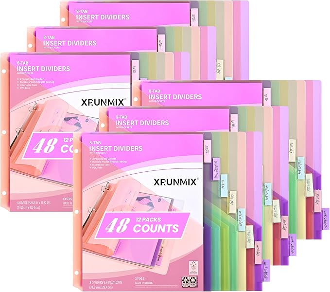 48 Counts 8-Tab Binder Dividers, Index Pockets for 3 Ring Binders, 8 Pastel Colors, US Letter Size (6)