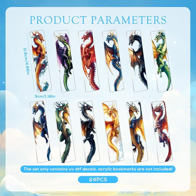 UV DTF Bookmark Wraps - 24 Sheets Dragon UVDTF Decals for Acrylic Bookmark Blanks, Double-Sided Printing Rub on Transfer Stickers, UV DTF Stickers for Dragon Lovers Adults DIY Crafts