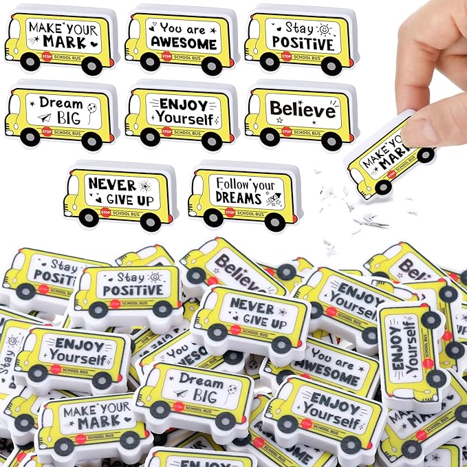 50 Pcs Erasers Bulk Inspirational Bus Erasers Cute Mini Motivational Gifts for Prizes Homework Rewards Supplies Office Supplies