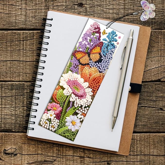 ARTopet 4Pcs DIY Diamond Art Painting Bookmarks with Colorful Butterfly Pendant PET Bookmark Ornament Double Sided Pattern Single Sided Diamond Book Marker Clip Gifts Tags-Flowers01