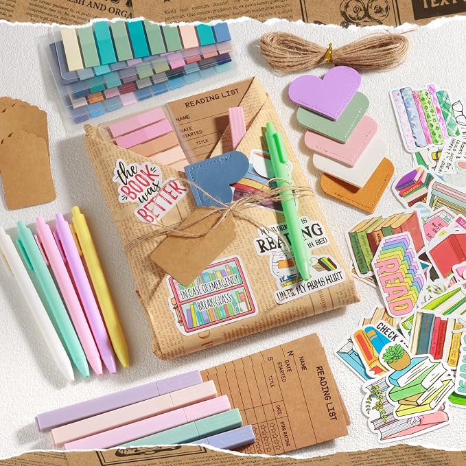 6 Set Blind Date with a Book Supplies, DIY Book Lovers Gifts Including Kraft Paper Index Tabs Reading List Bookmark Heart-Shape Bookmark Kraft Tags Ballpoint Pens Highlighters and 50 x Book Stickers