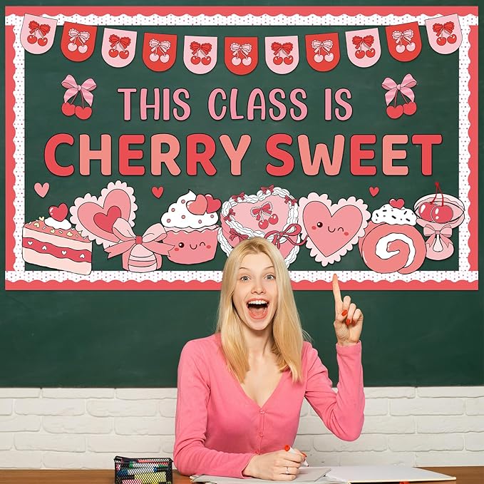 Valentine's Day Bulletin Board Decorations Set This Class is Cherry Sweet Classroom Decoration Valentines Cute Cherry Bow Cake Heart Cutouts for School Classroom Chalkboard Wall Decor Party Supplies