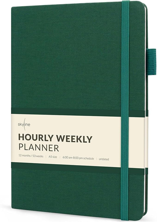 Skyline Hourly Weekly Planner – Undated Agenda & Daily Appointment Book – Time Blocking Notebook for Business Entrepreneurs, A5 (Forest Green)