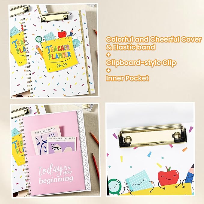 Teacher Planner 2026-2027 - Teacher Lesson Planner, July 2026 - June 2027, 2026-2027 Teacher Planner, Hardcover Planner With Clip & Double-sided Pocket, 9" x 11", Colorful Design