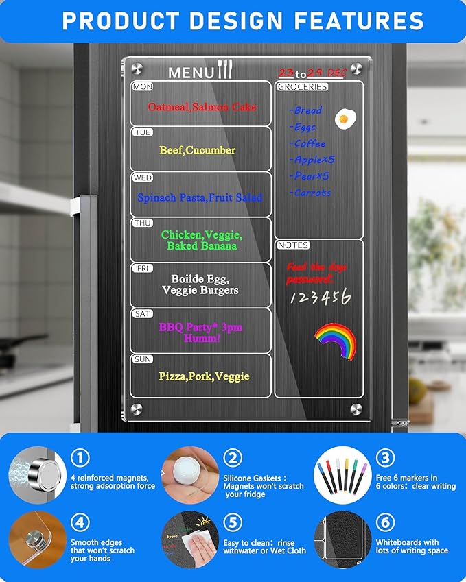 Magnetic Menu Board for Kitchen, Clear Acrylic Weekly Meal Planner Magnetic Calendar for Refrigerator Fridge Dry Erase Board Noteboard to Do Grocery Shopping List, 12x8’’