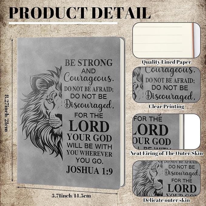 Fuyoooo 4 Pcs Christian Gifts for Men Father's Day Pastor Appreciation Gifts Vintage Leather Hardcover Notebook 1 Timothy 6:11 Religious Bible Verse Pen Joshua 1:9 Bookmark & Box(Lion,Gray)