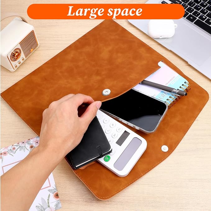 Leather Folder, Leather Envelope Document Folder A4 Flie Holder for Documents Letters Envelopes Waterproof Portfolio Brown PU Envelope Case with Snap Closure for Receipt Contract Paper Bills
