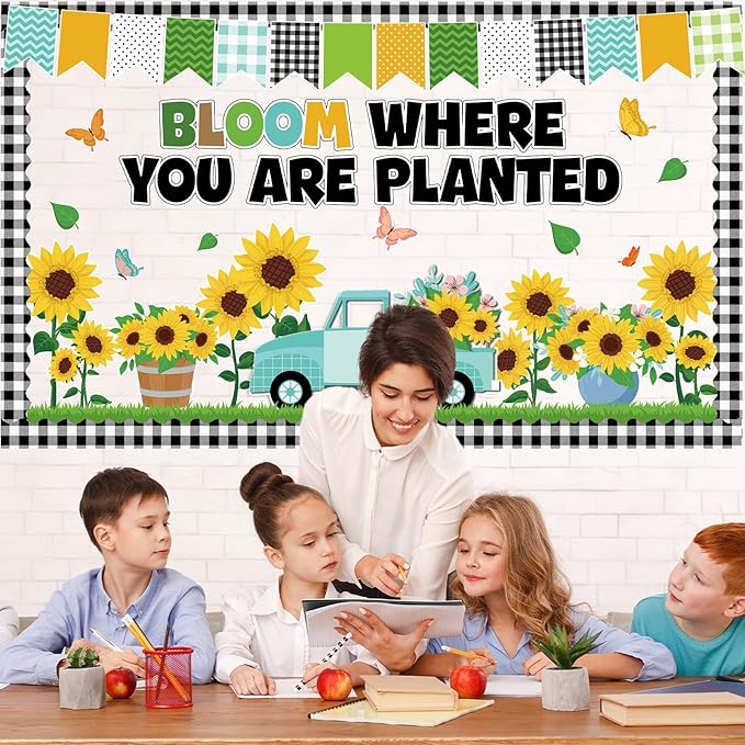 Spring Sunflower Bulletin Board Decoration Set Sunflowers Truck Cutouts Spring Motivational Sayings Butterfly Bulletin Board with Black Plaid Borders for Classroom Wall Door Decor