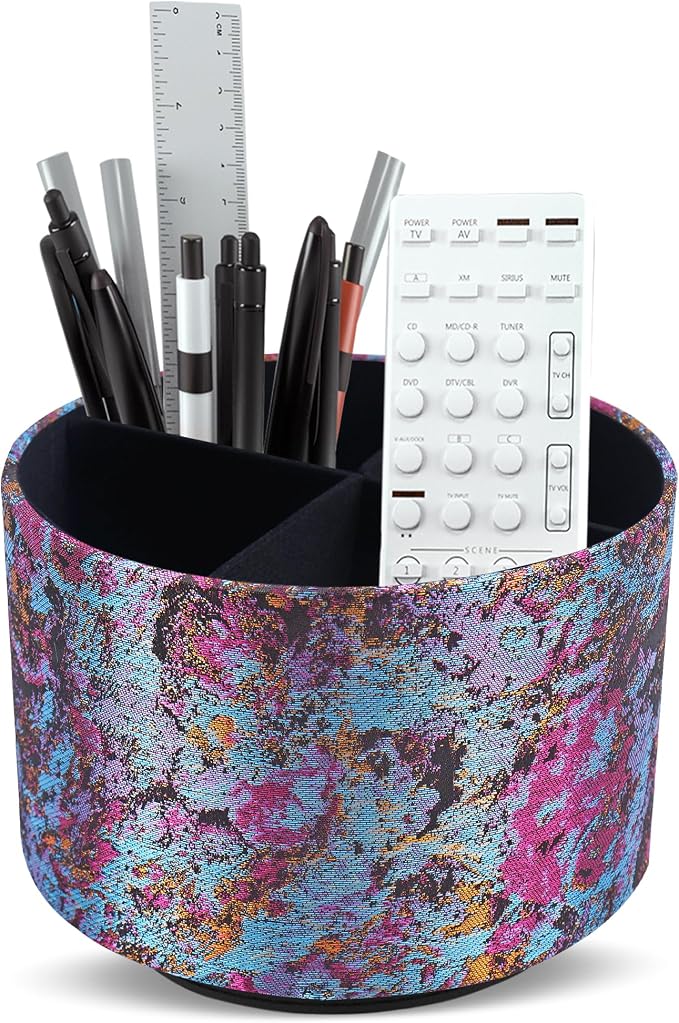 Round Leather Art Supply Organizer,Remote Control Holder,360-degree Rotating Pen Organizer with 4 Compartments(1-Painting Purple)