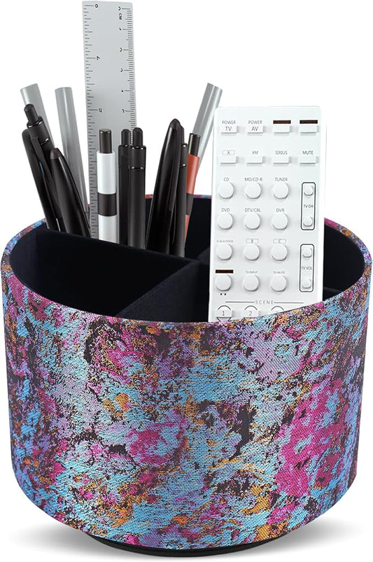 Round Leather Art Supply Organizer,Remote Control Holder,360-degree Rotating Pen Organizer with 4 Compartments(1-Painting Purple)