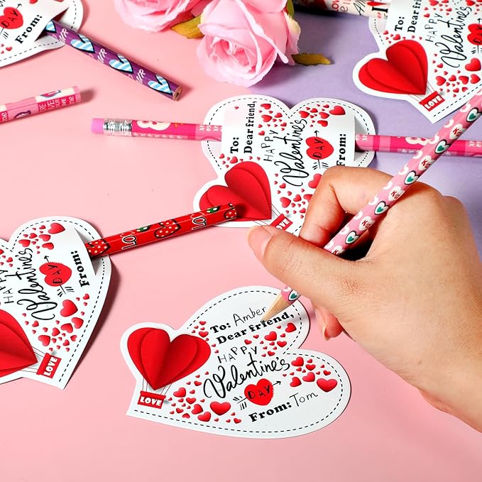 ReliThick 50 Pcs Valentines Pencils Cross Through Heart Shaped Valentines Day Gift Cards Heart Wood Pencils with Eraser Top for Carnival Prize Classroom Exchange Party Favor Party Bag Filler