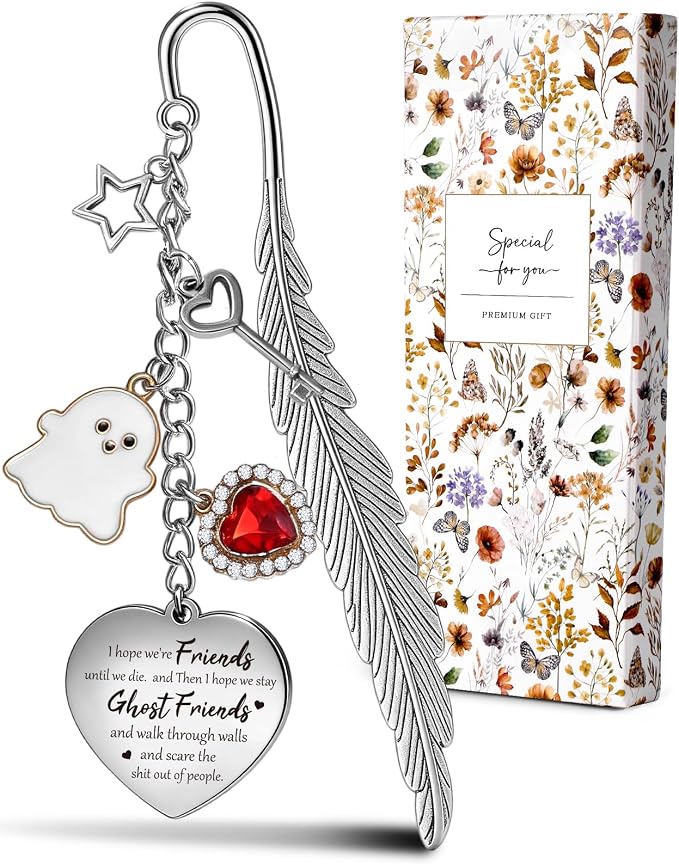 Buleens Bookmarks for Women Reading - Book Marks for Readers Book Lovers, Feather Funny Ghost Personalized Metal Bookmark with Pendants, Pretty and Aesthetic Book Accessories Reading Gifts