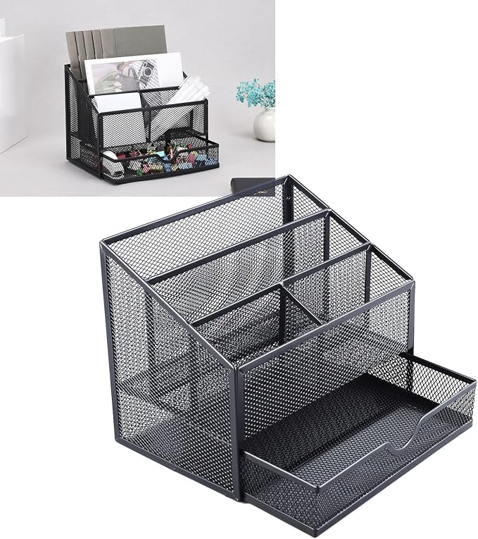 Desk Organiser, Metal Mesh with Removable Drawer, for Office Supplies, Books, Stationery and Desktop Storage, Black