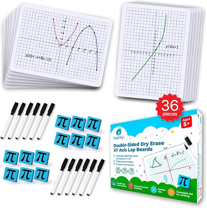 Simply Magic 12 Pack Double-Sided Dry Erase Graph Lap Boards - Class Set of Individual Classroom Whiteboards for Students, XY Axis Graphing Lap Boards - Math Teacher Supplies for Classroom - 12''x9''