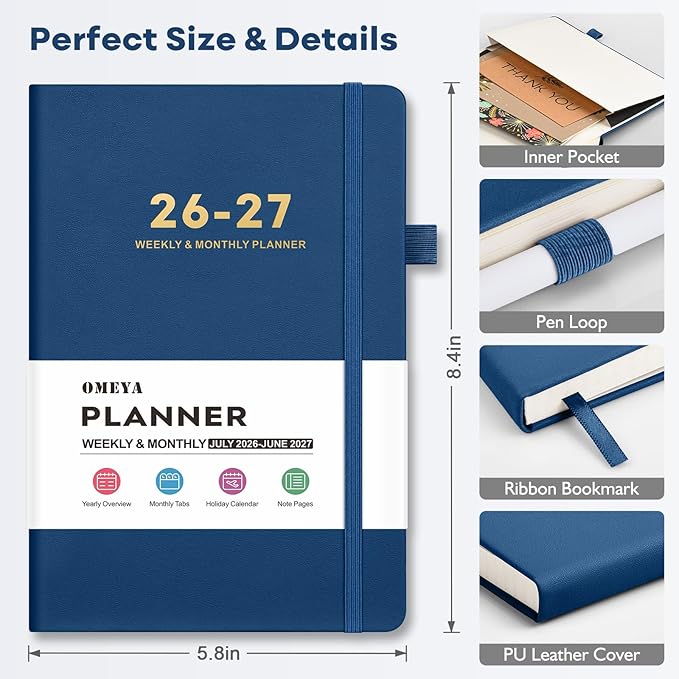 OMEYA Leather Academic Planner 2026-2027: A5 Navy Blue Business Weekly & Monthly Planner for Work, July 2026 – June 2027, 100gsm Thick Paper, Durable Stitched Binding, Tabs, Pen Loop, Pocket