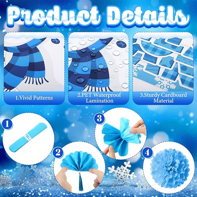 Gilprop 127 Pcs Winter Bulletin Board Set 3D Winter Tree Bulletin Board Decorations with Paper Pom Poms Snowman Penguin Snowflake Gloves Cold Hands Warm Hearts Cutouts for School Classroom Supplies