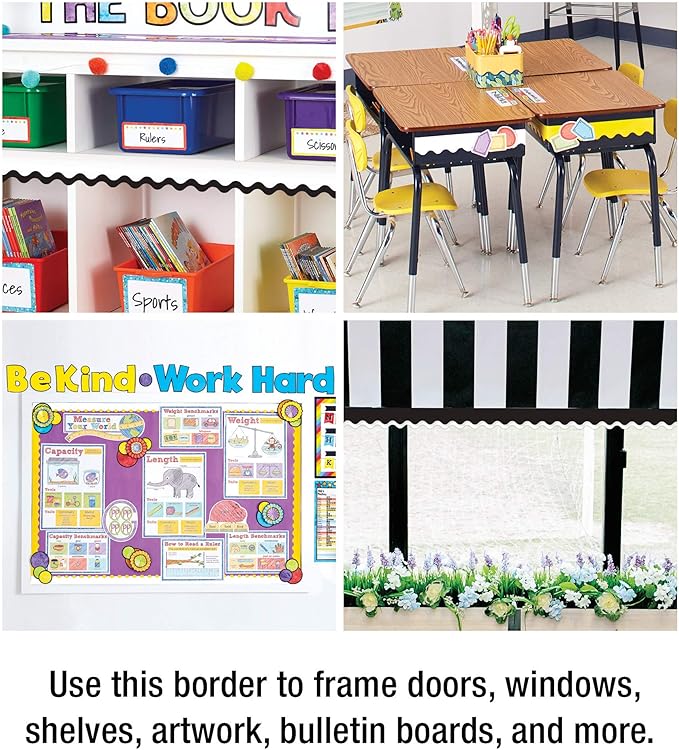 Carson Dellosa 36Ft of White Bulletin Board Borders, 1 Roll of Scalloped Trim for Rolling Whiteboard, Cork and Posterboard, Office Decorations, and Classroom Decor