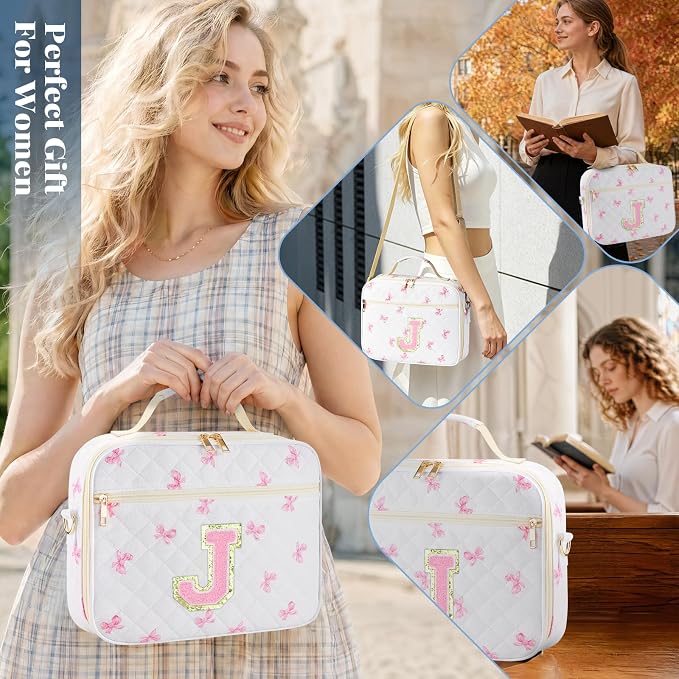 Personalized Initial Bible Cover Case for Women, Large Quilted Bible Bag with Durable Handle, Stylish Church Bag Journaling Kit with Study Supplies Accessories, Christians Gifts for Women (Pink-J)