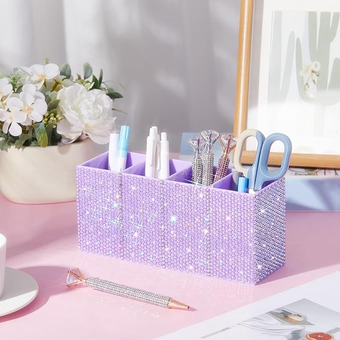 Bling Desk Organizer for Women, Rhinestone Pen Makeup Brush Holder, Girly Desk Accessories Organizer for Office Classroom Elevate Your Workspace with Serenity(Rhinestone,Purple)