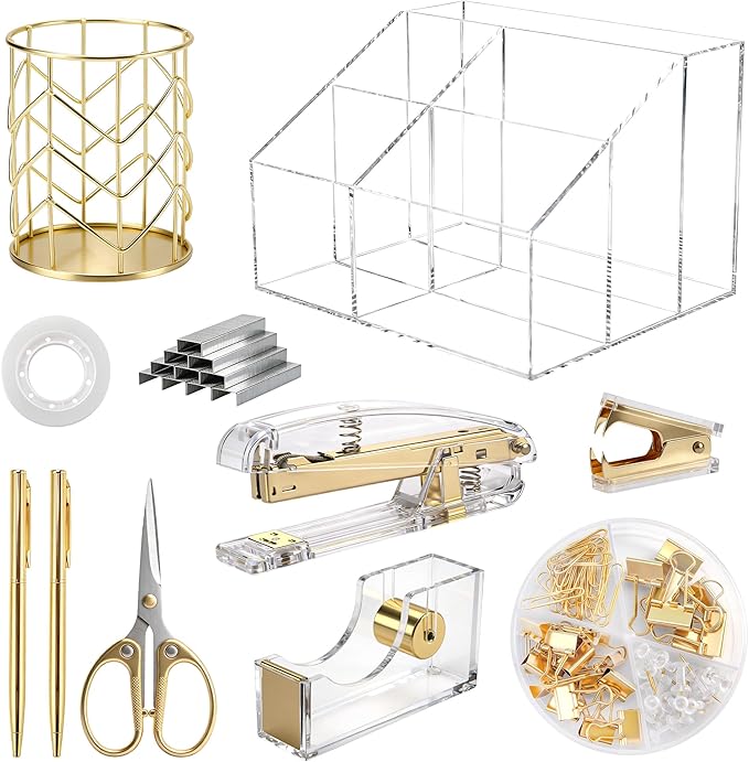 11 Pcs Acrylic Office Supplies Set Clear Desk Oganizer Accessories Kit include 2 Ballpoint Pen Pen Holder Stapler Tape Dispenser Staple Remover Clips Scissors for Office School Home