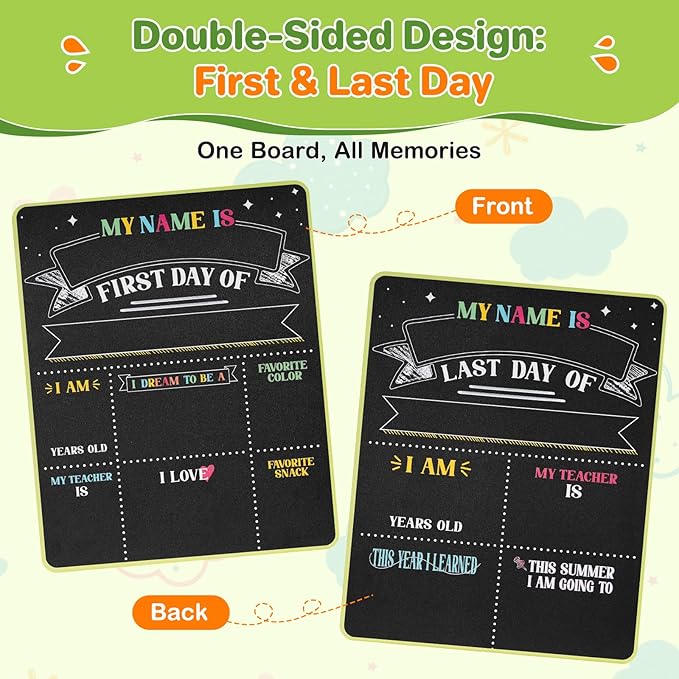 First & Last Day of School Sign - 11x14 Double-Sided Reusable Chalkboard with 7 Chalk Markers - Photo Prop Keepsake Gift for Kids Preschool Kindergarten 1st-5th Grade Back to School