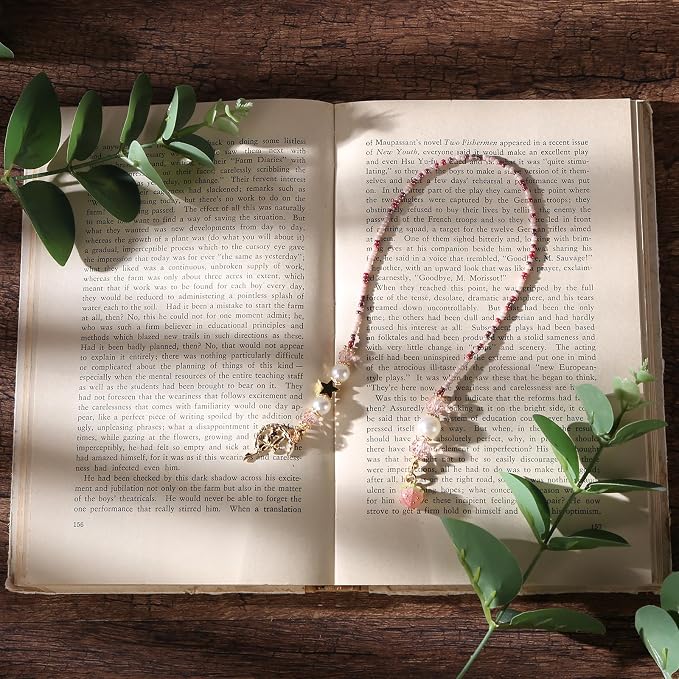Moon Fairy Strawberry Beaded Bookmark - Pink Gold Beads Book Mark for Women, Unique Whimsical Cottagecore Accessories Bookish Gifts for Booklovers Students Teachers