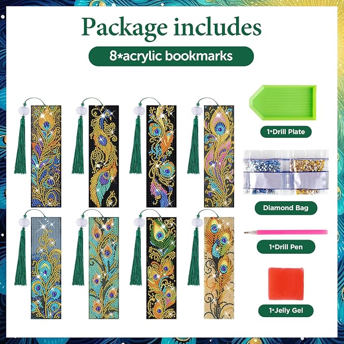 8 Pieces Christian Bible Verse Diamond Art Bookmarks 5d Christian Beaded Bookmark Acrylic Tassel Bookmark for DIY Making Beginners Adults Arts Craft Supplies (Feathers)