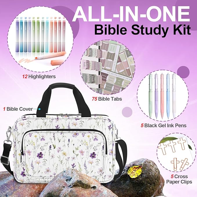 Floral Bible Cover for Women,Bible Carrying Case for Girls,Large Bible Bag for Woman Organizer,White Flower Bible Holder,Bible Study Supplies Kit with Highlighters,Tabs,Pens,Christian Gift