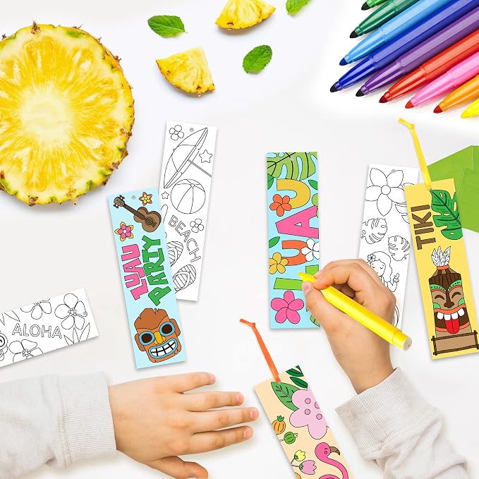 Haooryx Color Your Own Hawaii Bookmark -75Pcs DIY Coloring Blank Paper Bookmarks Summer Hawaii Theme Party Game Prize Art Craft Supplies for Kids Birthday Gift Goodie Bag Fillers Classroom Reward