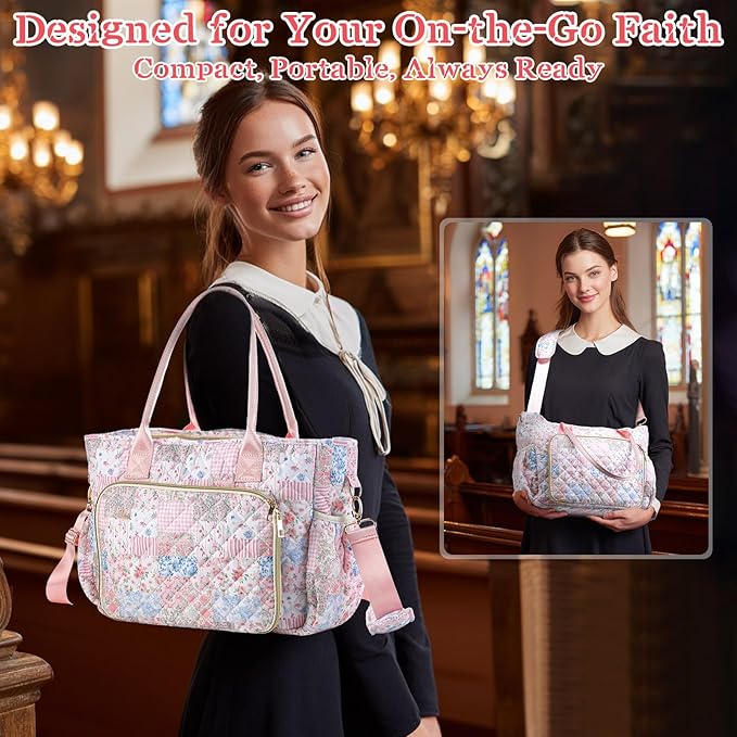 Large Bible Bag Quilted Bible Cover Case Kit for Women Church Bag with Shoulder Strap Study Supplies Christian Gifts(Spliced Flower)
