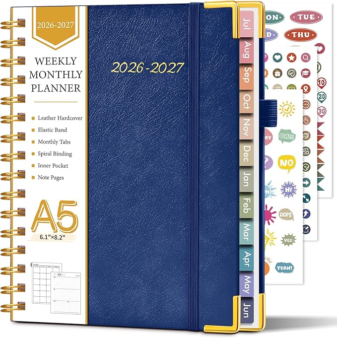 Academic Planner 2026-2027, Hardcover Leather Weekly and Monthly Calendar Planner from July 2026 - June 2027, A5 6.1" x 8.2" Daily Agenda with Tabs, College School Organizer for Student Teacher, Night Sky Blue