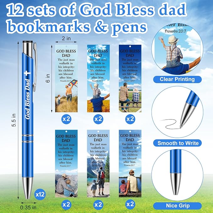 Dispowreath 24 Pcs/12 Sets Father's Day Christian Gift, God Bless Dad Bookmark Church Gift Include 12 Proverbs 20: 7 Bookmark 12 Religious Bible Verse Ballpoint Pen for Men Church Prizes Party Favors