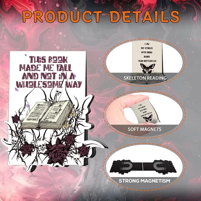 Dark Romance Magnetic Bookmarks for Women - Wxiben 10 Pcs Gothic Flower Skull Magnet Book Page Markers Funny Rose Skeleton Bookmark Clips Gifts for Men Book Lovers Romance Reader Office Supplies