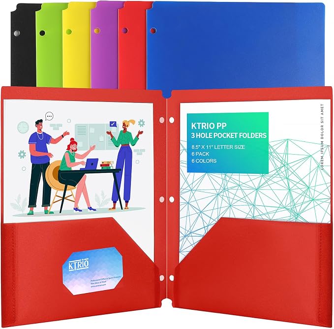 KTRIO Folders with Pockets 3 Hole Punched, 6 Pack Plastic Folders for 3 Ring Binder, Letter Size Colored Poly Folder with Business Card Slot for School Students Teachers