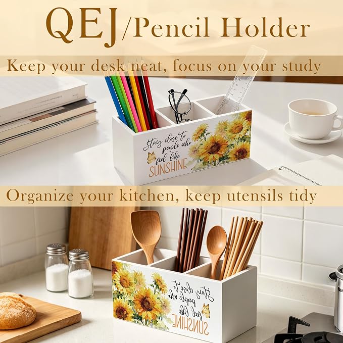 Sunflower Motivational Pen Holder for Desk, Inspirational Gifts for Women, Stay Close to People Who Feel Like Sunshine Wooden Box Pencil Pen Organizer for Home Office Desk Tabletop