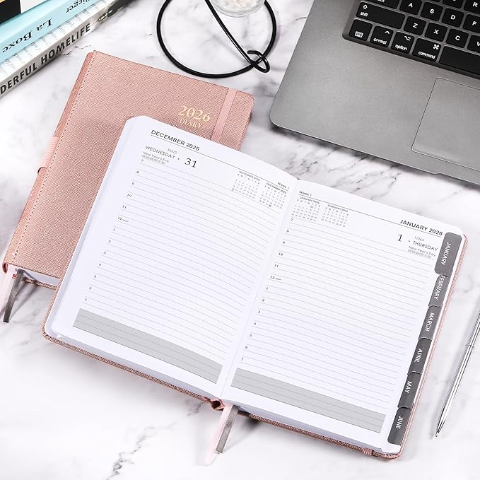 2026 Appointment Book & Planner - Jan. 2026 - Dec. 2026, Daily Hourly Planner 2026, 5.75" X 8.25", 60-Minute Interval, Faux Soft Leather Cover, Premium Paper with Pen Holder, Inner Pocket - Rose Gold
