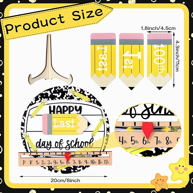 Kosiz First and Last Day of School Sign with Back to School Board Gifts Wooden First Day Sign Reusable Dry Erase 8'' (Composition Notebook and Pencil)