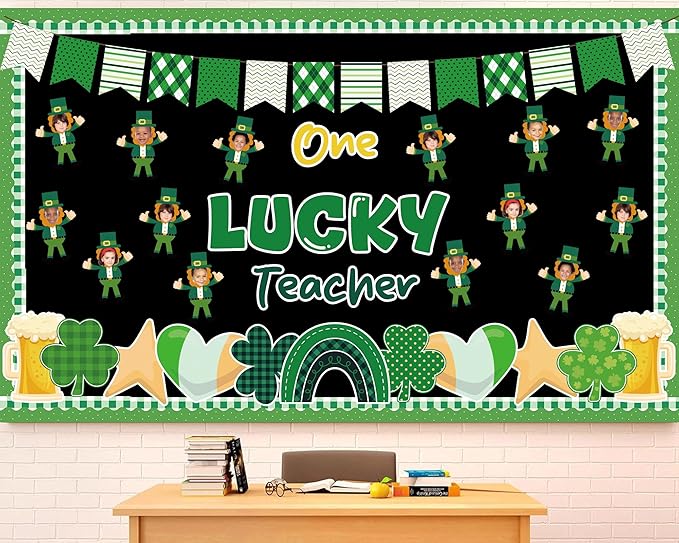 St. Patrick's Day Bulletin Board Classroom Decorations One Lucky Teacher Bulletin Board Set Gnome Shamrock DIY Photo Cutouts for School Nursery Class Door Wall Crafts Decor St. Patrick Party Supplies