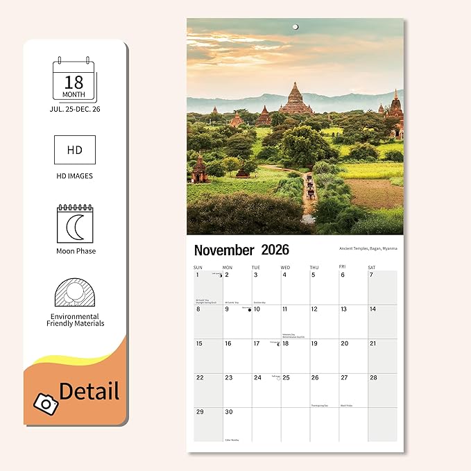 Wall Calendar 2025-2026 Planner Calendar - Exotic Destination Hangable Monthly Wall Calendar with Large Blocks for Organizing & Planning, Academic Schedule, Home, Office & family, Thick & Sturdy Paper (12"x24" Open)