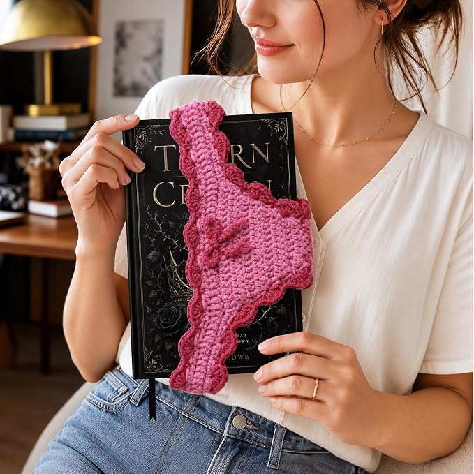 Crochet Bikini Bookmarks for Women, Underwear Shaped Bookmark | Handmade, Page Holder, Bookish Gift for Book Lovers, Soft Stretchy Acrylic Yarn, Rose Red