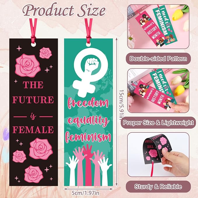 Women's History Month Bookmarks Gifts - Wxiben 120 Pcs National Women's Day Bookmark Freedom Equality Feminism Book Mark Page Clip for March 8th Teacher School Classroom Stationery Handout Supplies