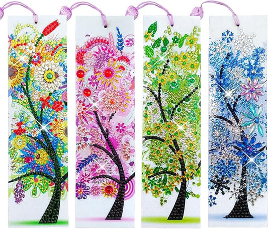 4 Pcs LINGFANG Diamond Painting Bookmark, Leather DIY Book Makers for Adults Book Lovers, Diamond Art Beginners, Small Diamond Art Kits, Paint by Art Crafts Supplies Gift for Girls (Season Tree)