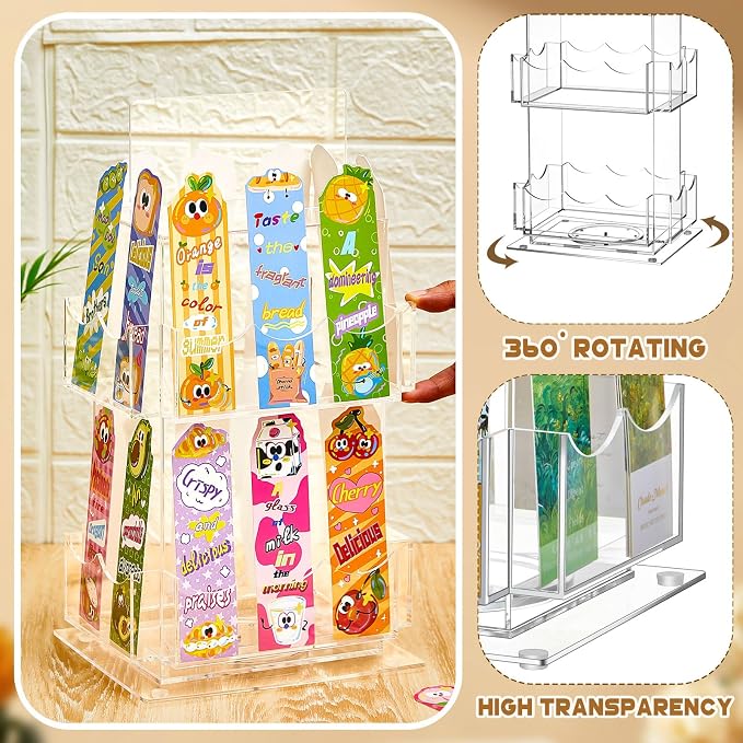 Marsui 2 Tier Acrylic Rotating Bookmark Display Stand, 14.4 x 7.8 x 6.3 Inch 4 Sided Bookmark Sticker Holder, 360° Rotating No Assembly Required for Vendors, Retail, Showcase, Trade Show