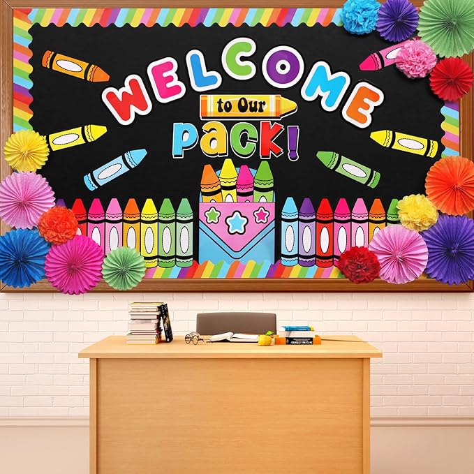 Justforjoyful Welcome to Our Pack Bulletin Board Decorations with 3D Tissue Paper Flowers Paper Fan Back to School Crayon Classroom Bulletin Board Border Set Colorful Crayon Name Tags School Supplies