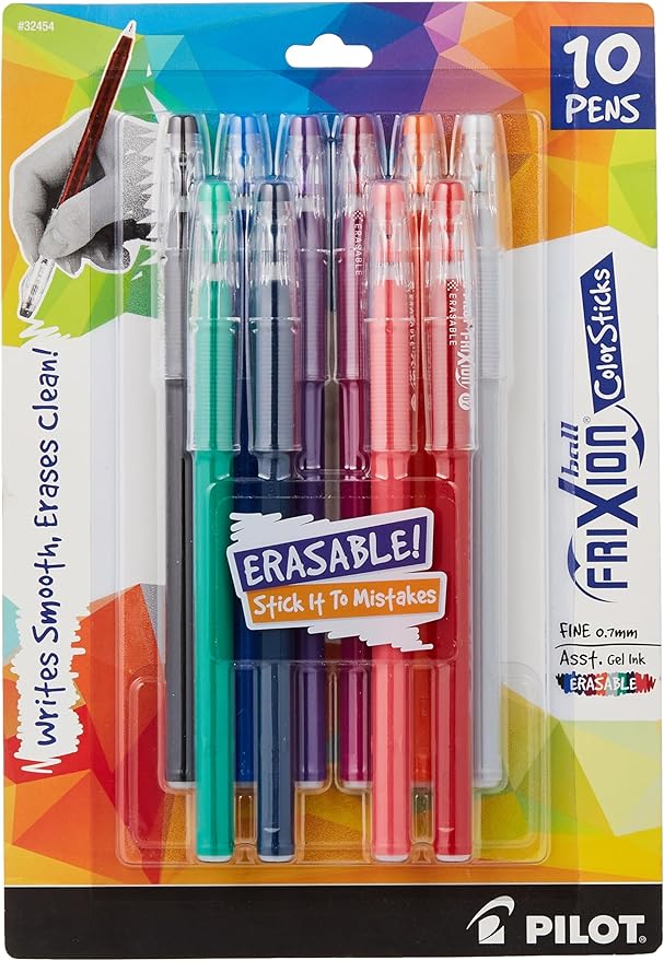PILOT FriXion ColorSticks Erasable Gel Ink Pens,Fine Point 0.7 mm,Assorted Colors,Erasable Pens - Ideal for School,Journaling,& Office Writing,10 Count (Pack of 12)