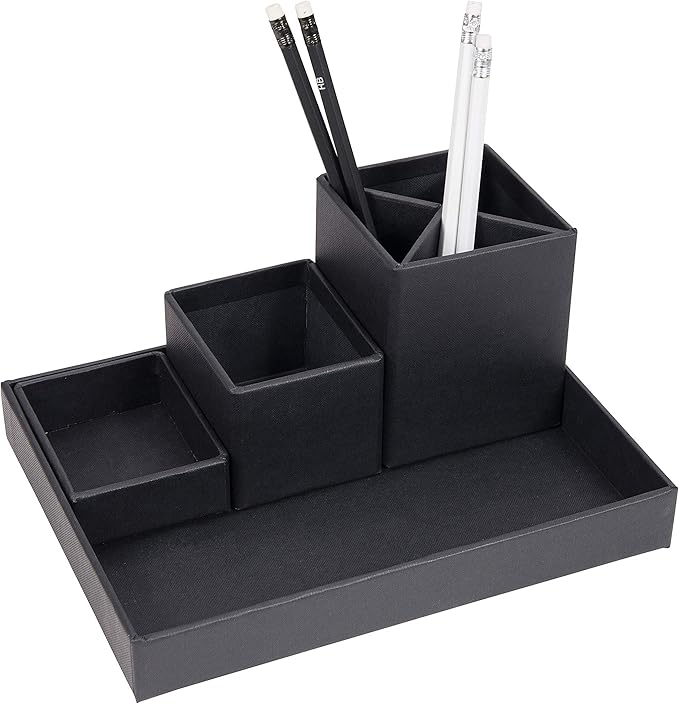 BIGSO LENA Desk Organiser for Pens, Paper Clips, Sticky Notes etc. - Sorting Box with 4 Compartments - Fibreboard and Paper Organiser System in Linen Look - Black