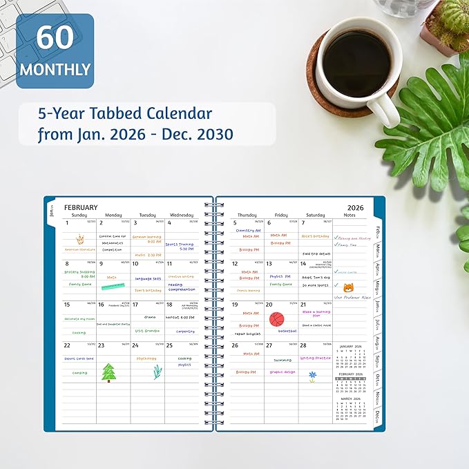 Monthly Planner 2026-2030, 5-Year Calendar Planner 2026-2030, Jan 2026 – Dec 2030, 6.2 x 8.4 In, Ruled Spread, Flexible Cover, Spiral Wirebound, Pocket, 60 Coated Monthly Tabs, Notes ＆ Habit Tracker