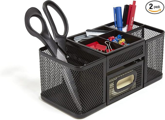 TRU RED Wire Mesh Desktop Organizer, 7‑Compartment Accessory Holder, Matte Black, 2‑Pack – Office Desk Storage