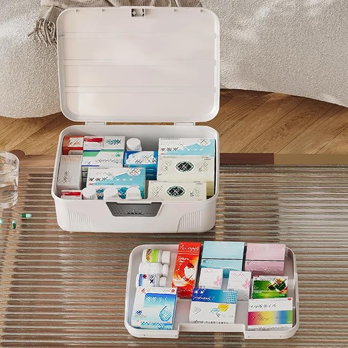 Lockable Storage Containers Plastic Lock Box Storage Container Versatile Organizer with Changeable Lock for Dorm School Home Office Travel Business (White, Medium)