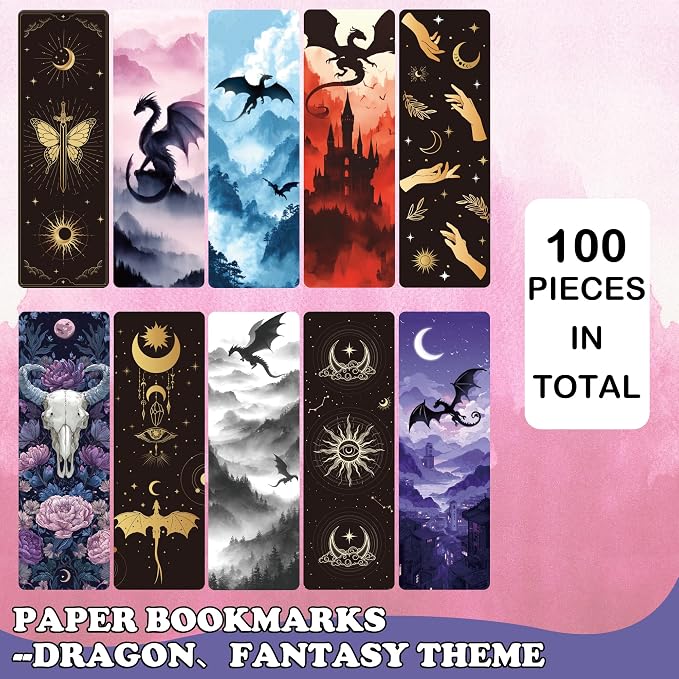 Dragon Fantasy Bookmarks Gifts, 100PCS Gothic Mystical Bulk Paper Reading Bookmarks Set, Cardstock with Matte Lamination, Cool Book Mark Gifts for Readers and Fantasy Lovers